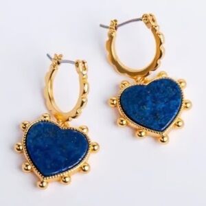 TORY BURCH GOLD TONE + LAPIS BLUE HUGGIE HEART DROP EARRINGS